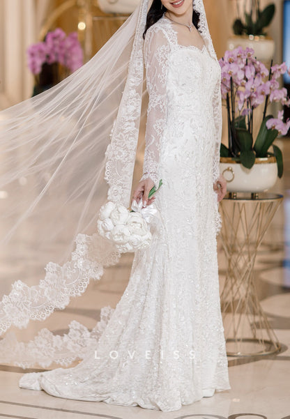 Long Sleeve Mermaid Lace Wedding Dress with Veil