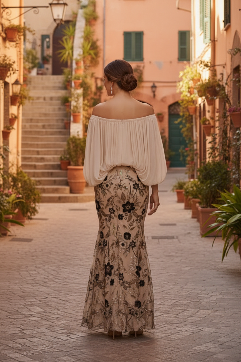 Off-Shoulder Capelet Sequin Mermaid Gown
