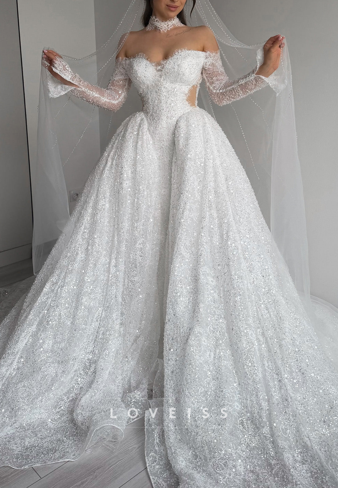Glitter Off-the-Shoulder Ball Gown Wedding Dress