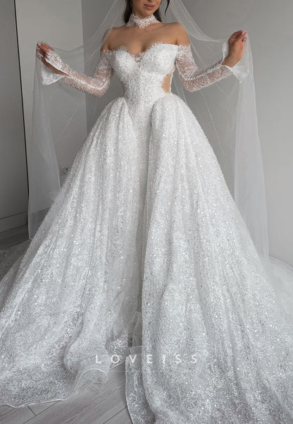 Glitter Off-the-Shoulder Ball Gown Wedding Dress