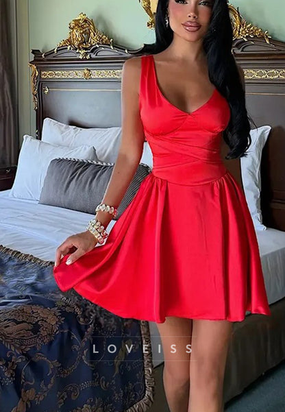 Satin Wrap Bodice A-Line Mini Dress with Slit