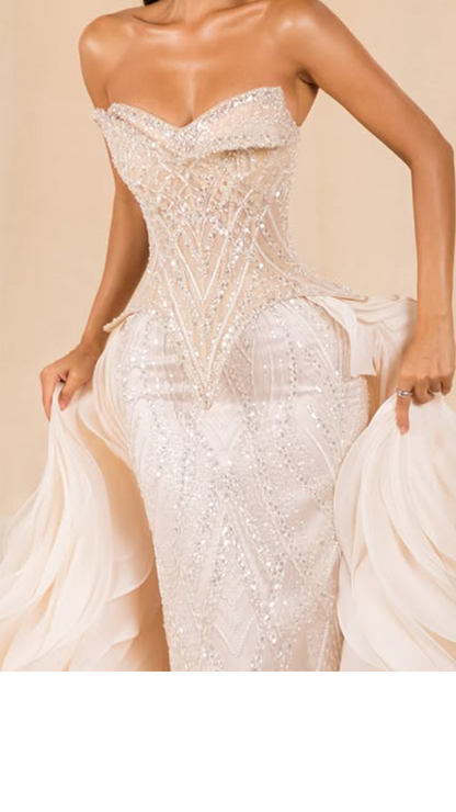 Strapless Beaded Corset Gown with Ruffle Train