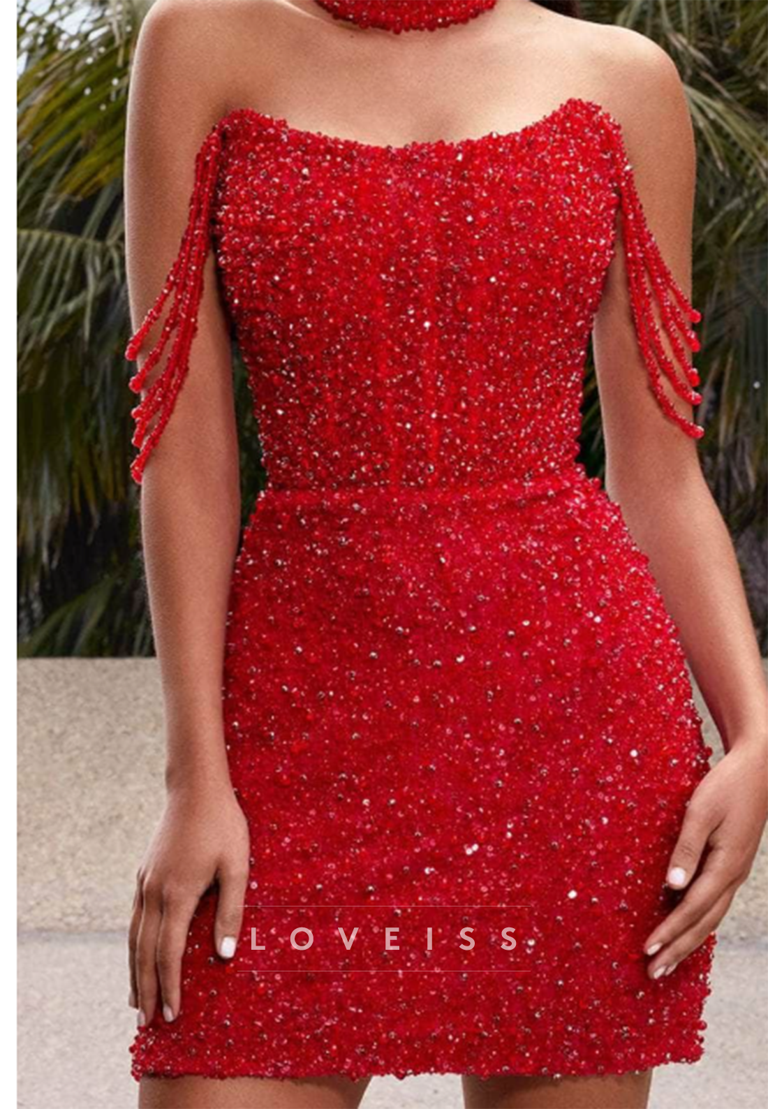 Strapless Beaded Fringe Bodycon Mini Dress