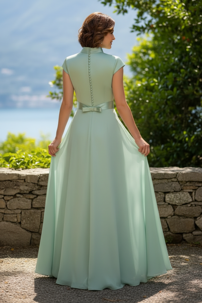 Mandarin Collar A-Line Evening Gown with Cap Sleeves