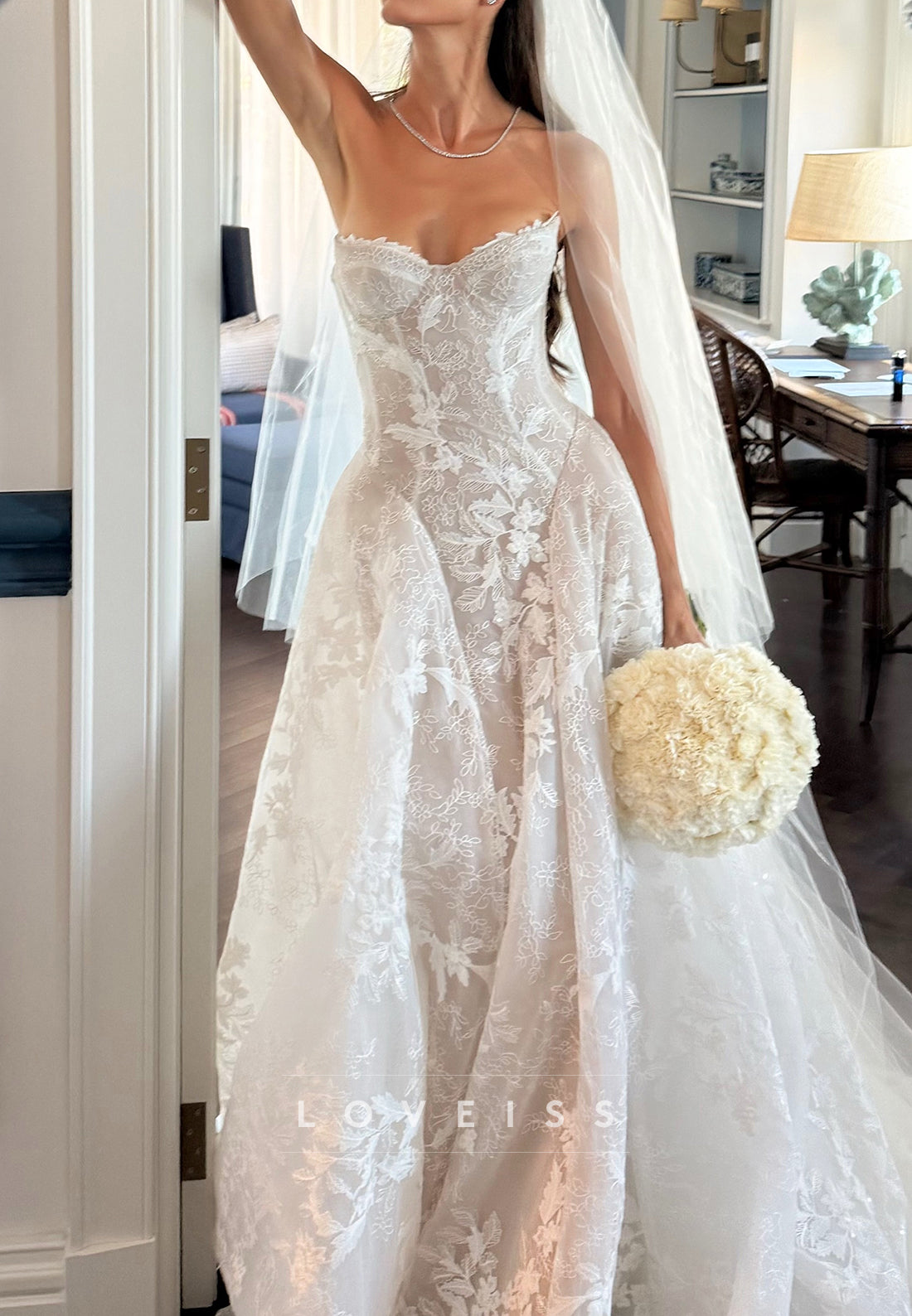 Strapless Lace A-Line Wedding Dress with Corset Bodice