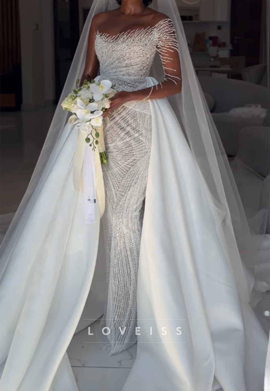 Beaded Column Wedding Dress with Overskirt