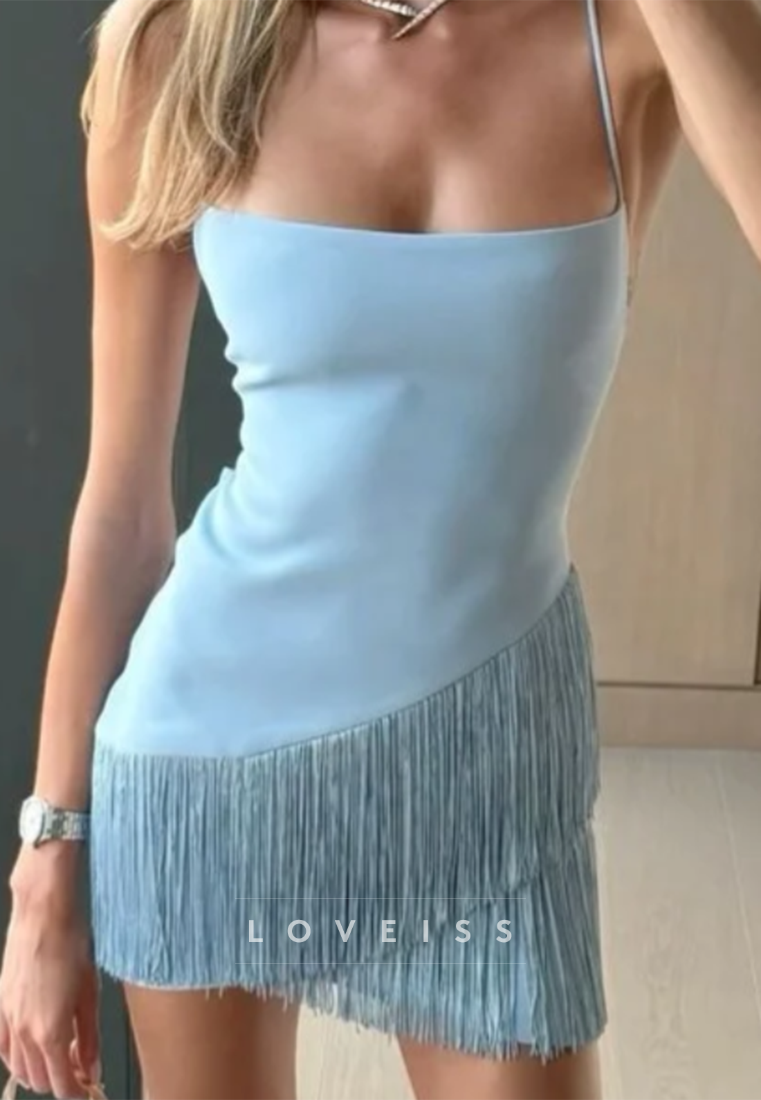 Spaghetti Strap Fringe Asymmetrical Mini Dress