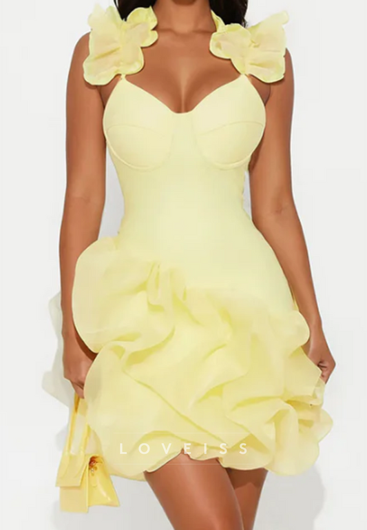 3D Flower Strap Ruffled Organza Mini Party Dress
