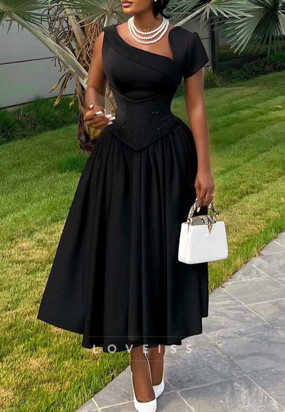 Asymmetrical Neck Corset Waist Midi Dress