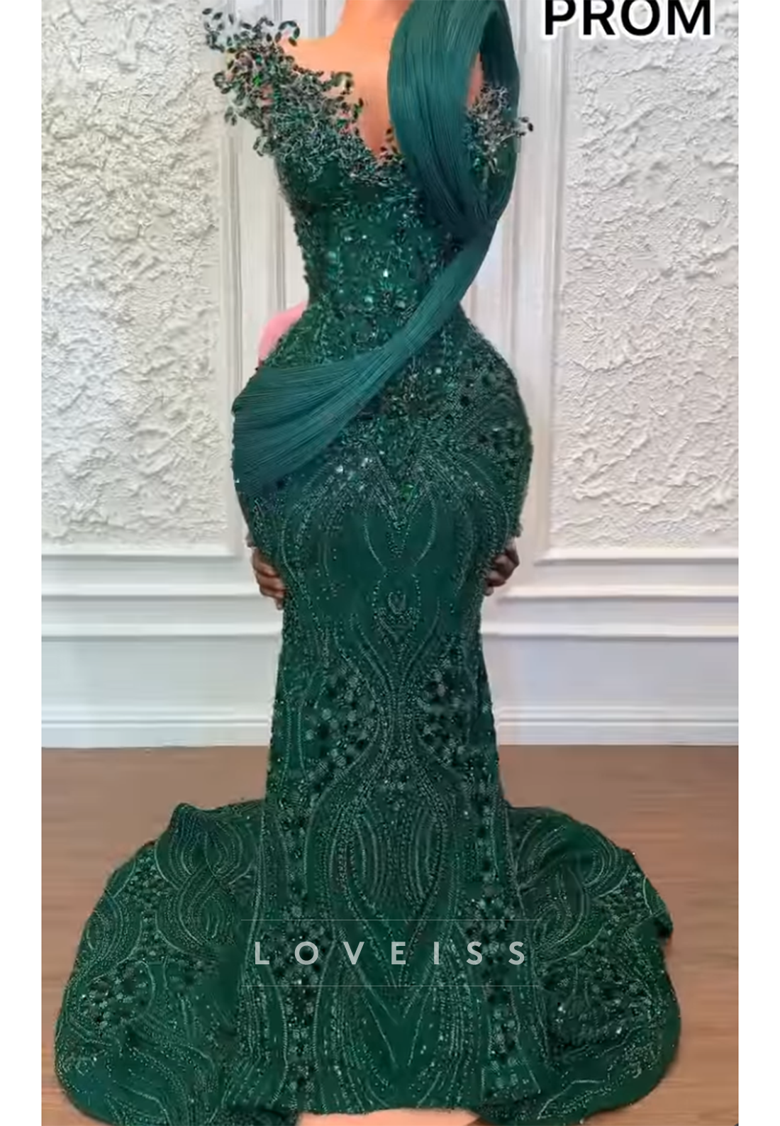 Beaded Mermaid Gown with Pleated Shoulder Accent