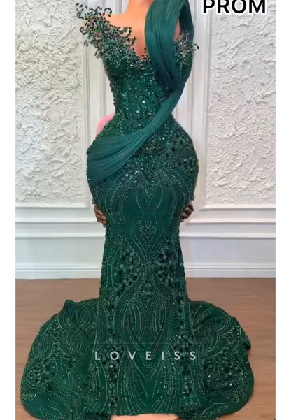 Beaded Mermaid Gown with Pleated Shoulder Accent