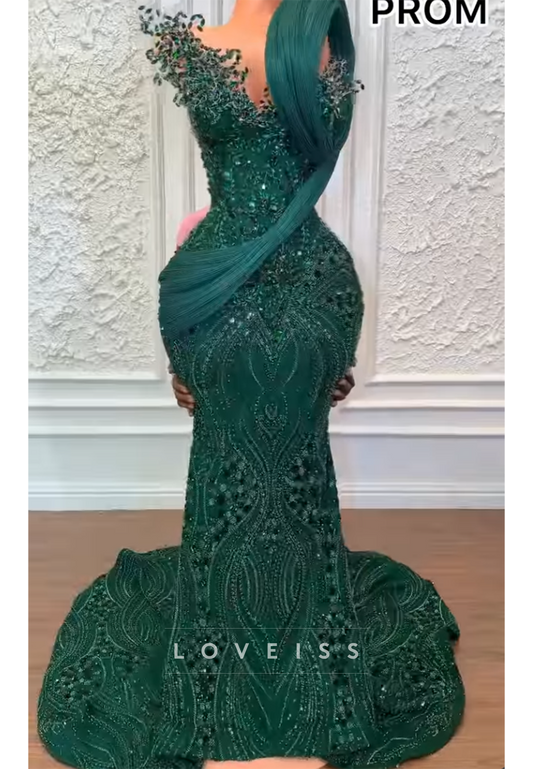 Beaded Mermaid Gown with Pleated Shoulder Accent