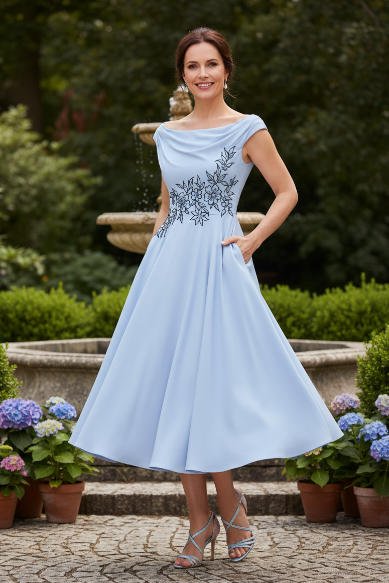Floral Embroidered Pleated Tea-Length Dress