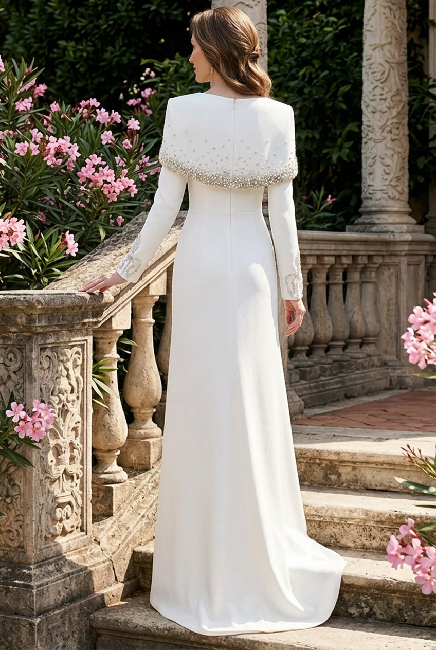 Beaded Cape Long Sleeve Formal Gown