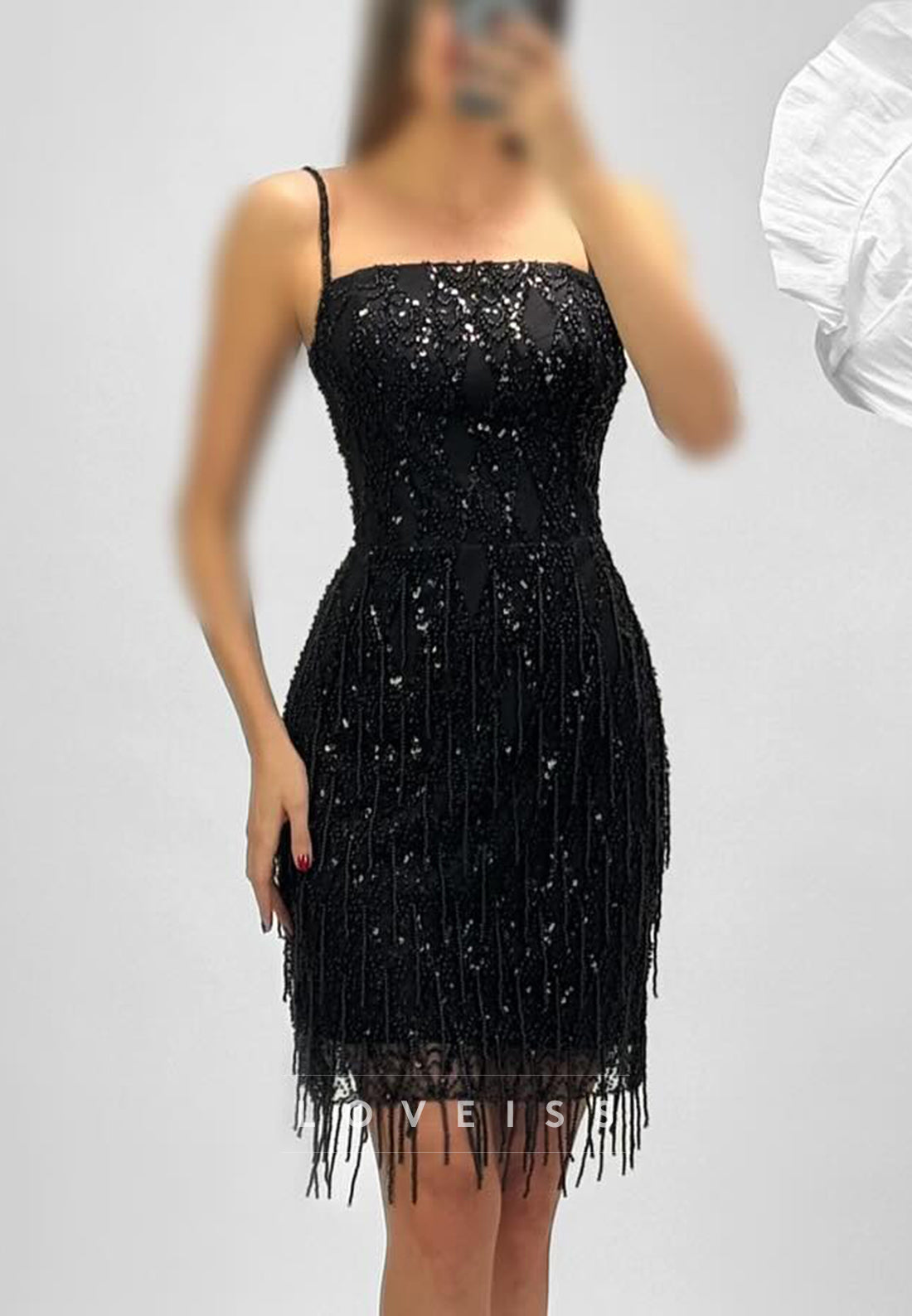 Sequin Pearl Fringe Spaghetti Strap Cocktail Dress