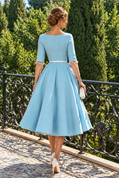 A-Line Midi Dress with Elbow Sleeves and Belt
