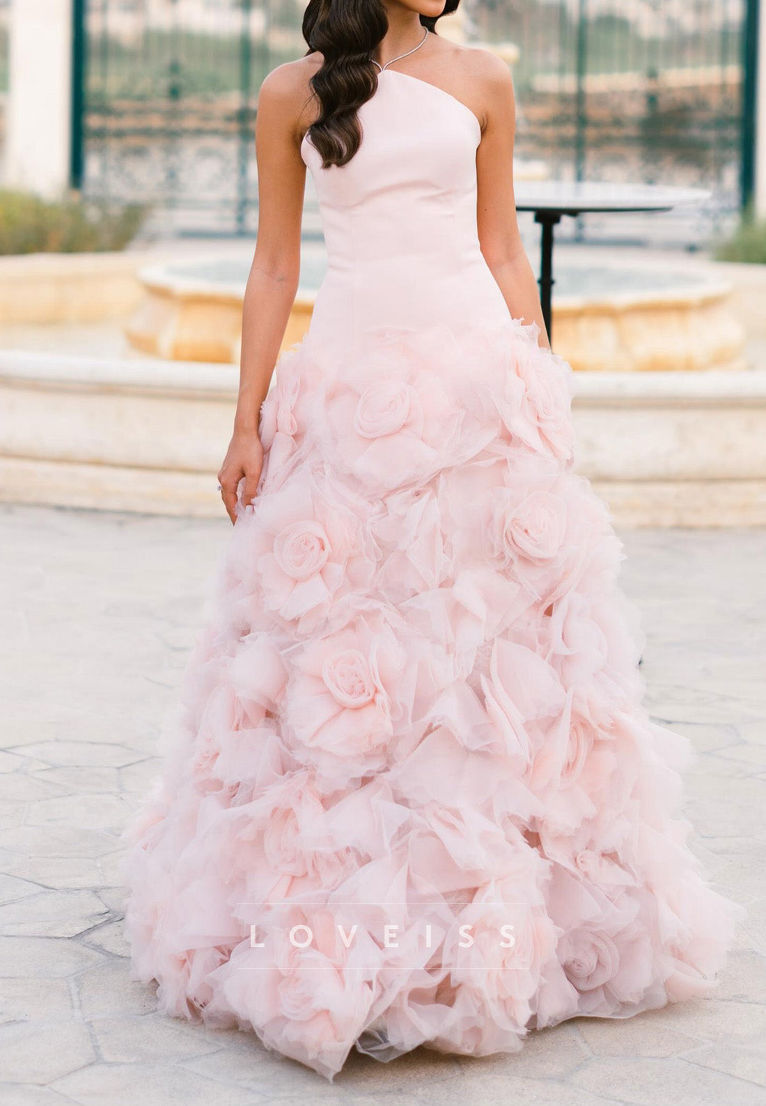 Strapless Rosette Ruffled Ball Gown with Corset