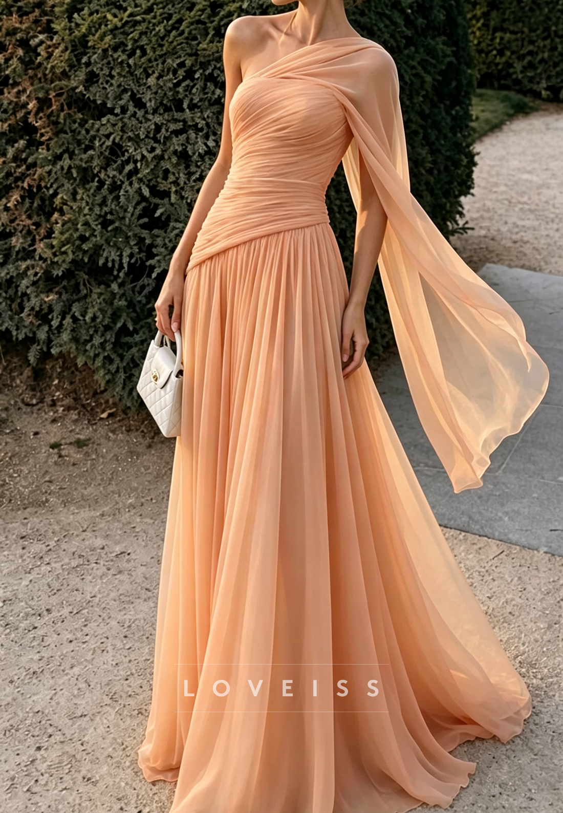 One Shoulder Chiffon A-Line Evening Gown with Cape Sleeve