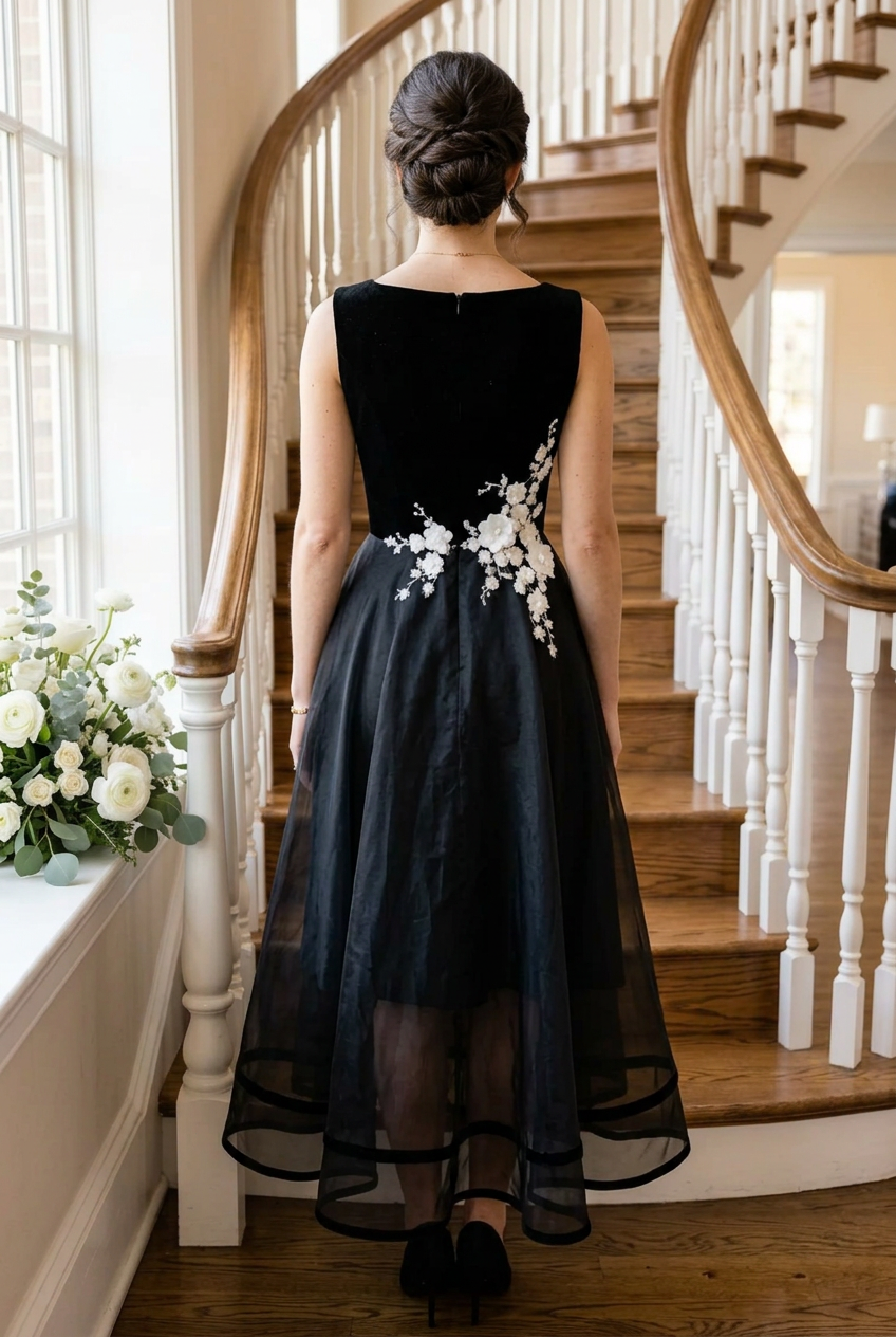 Floral Applique Sleeveless Midi A-Line Dress