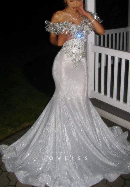 Mermaid Off Shoulder Glitter Gown with Crystal Bodice