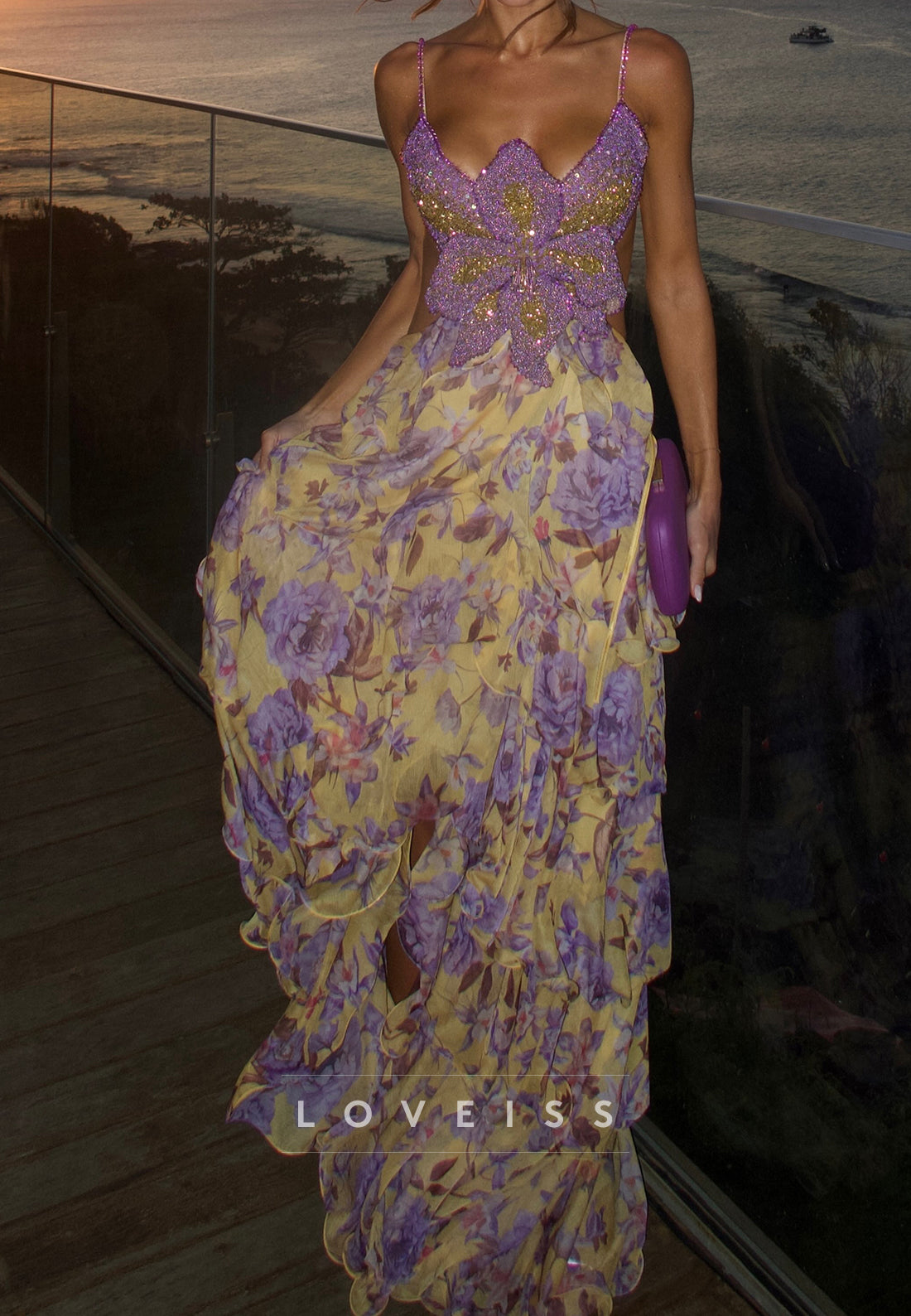 Beaded Flower Bodice Tiered Maxi Dress