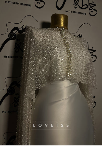 Pearl Beaded High-Neck Cape Sleeve Satin Mermaid Gown
