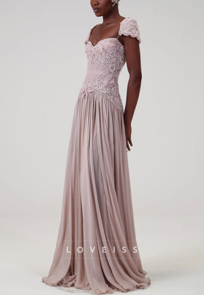 Beaded Lattice Bodice Gown with Scalloped Cap Sleeves