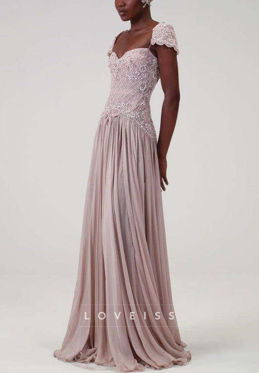Beaded Lattice Bodice Gown with Scalloped Cap Sleeves