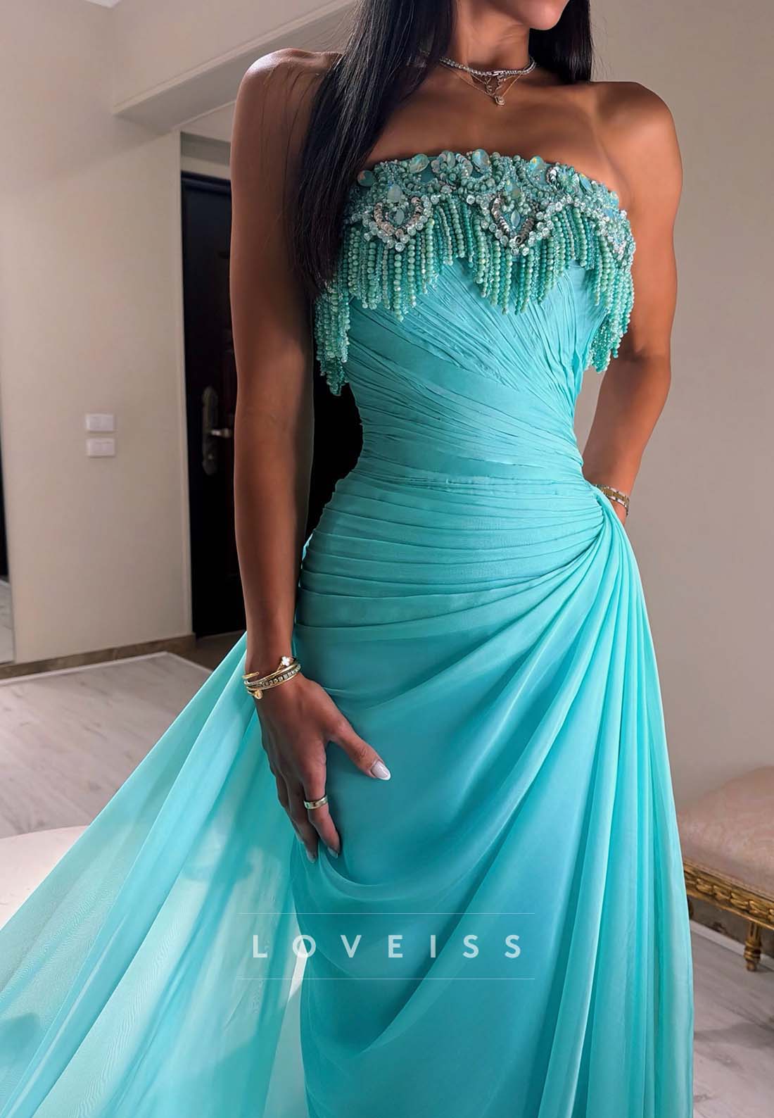 Strapless Ruched Gown with Beaded Fringe Bodice