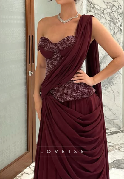 One-Shoulder Beaded Bodice Draped Evening Gown