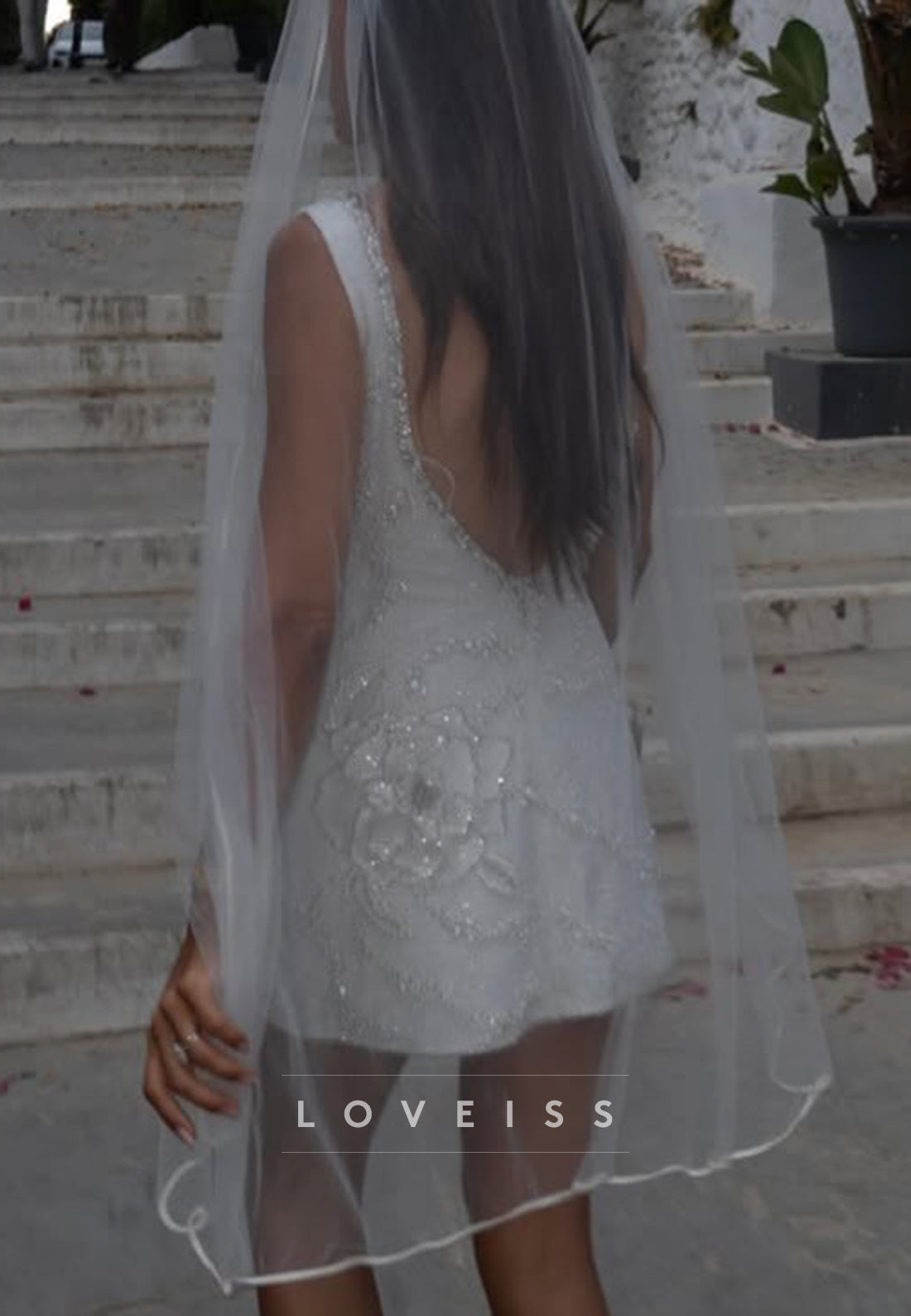 Beaded 3D Flower Square Neck Mini Wedding Dress