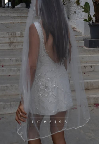 Beaded 3D Flower Square Neck Mini Wedding Dress