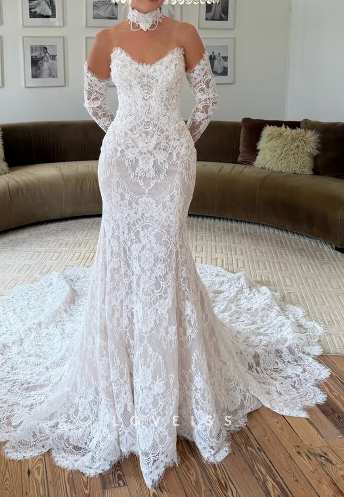 Strapless Lace Mermaid Wedding Dress with Sleeves
