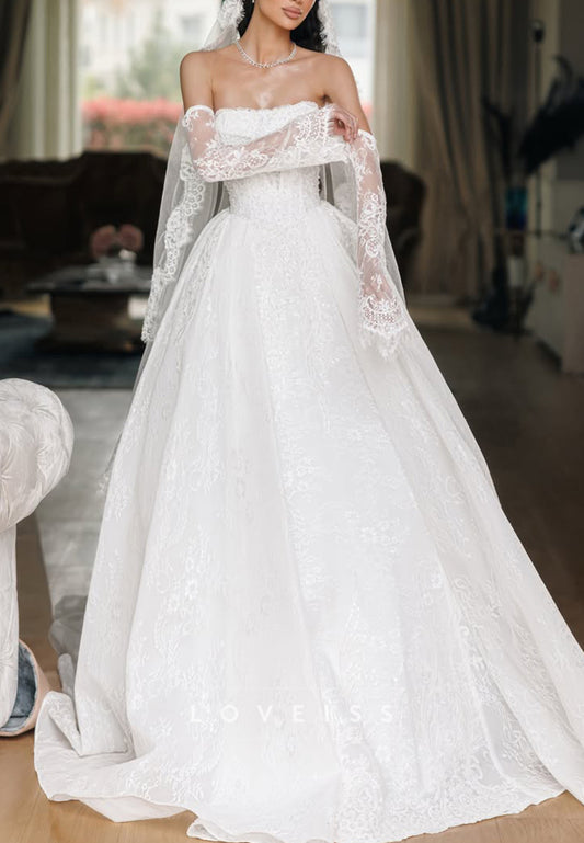 Strapless Lace Ball Gown Wedding Dress with Long Sleeves