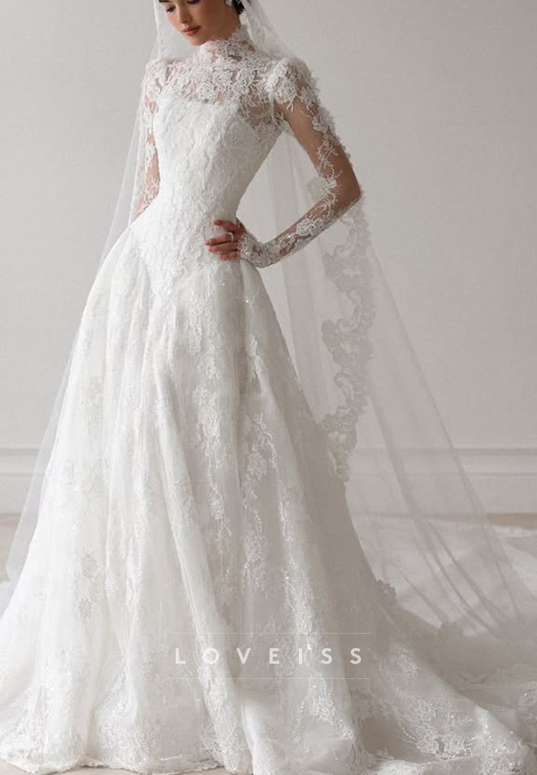 High-Neck Lace Wedding Dress with Long Sleeves