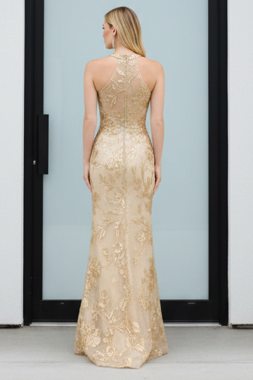 Floral Embroidered Halter Neck Evening Gown