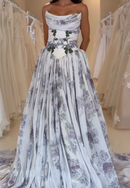 Strapless Floral Print Ball Gown Gown