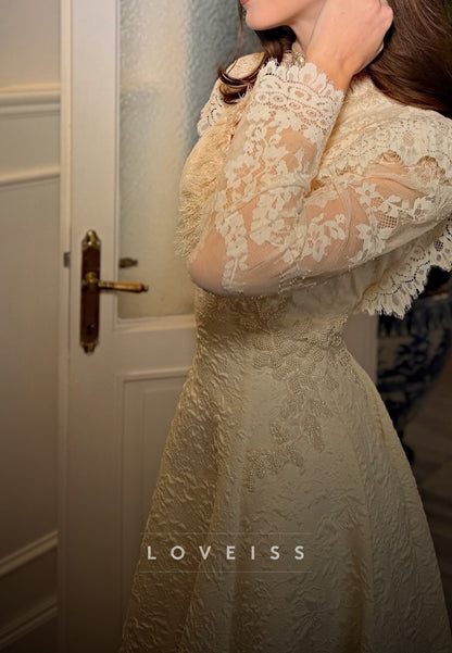 High Neck Lace Sleeve A-Line Formal Dress