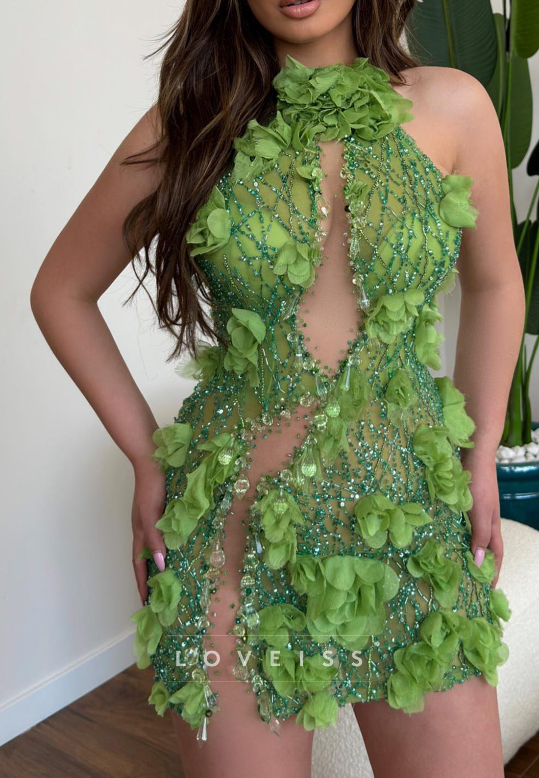 3D Floral Beaded Halter Mini Dress with Cut-Outs