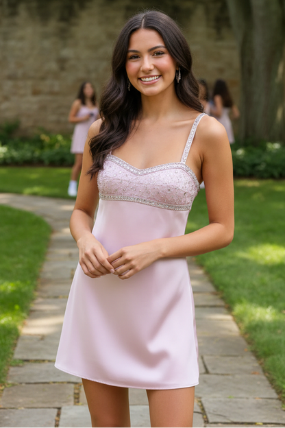 Beaded Bust Satin Mini Slip Dress