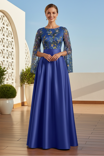 Embroidered Bell Sleeve A-Line Evening Gown