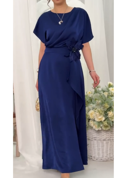 Draped Waist Maxi Dress with Floral Accent