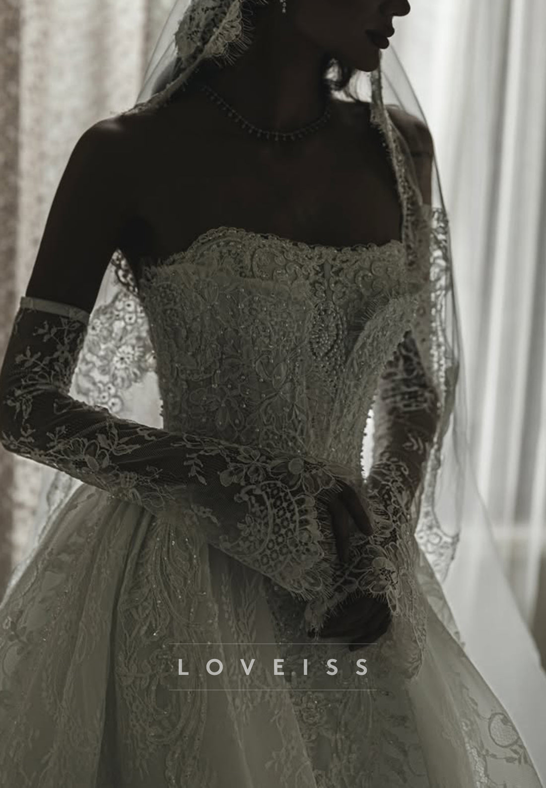 Strapless Lace Ball Gown Wedding Dress with Long Sleeves