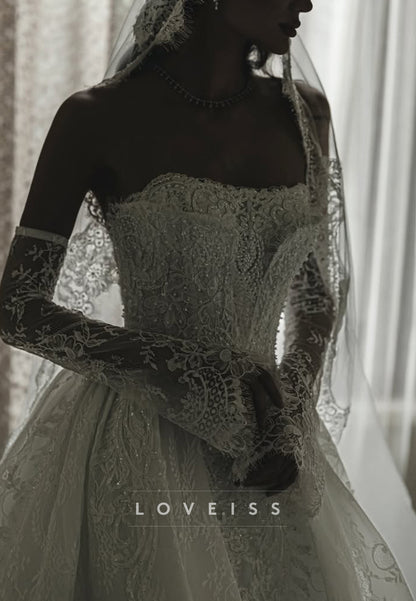 Strapless Lace Ball Gown Wedding Dress with Long Sleeves