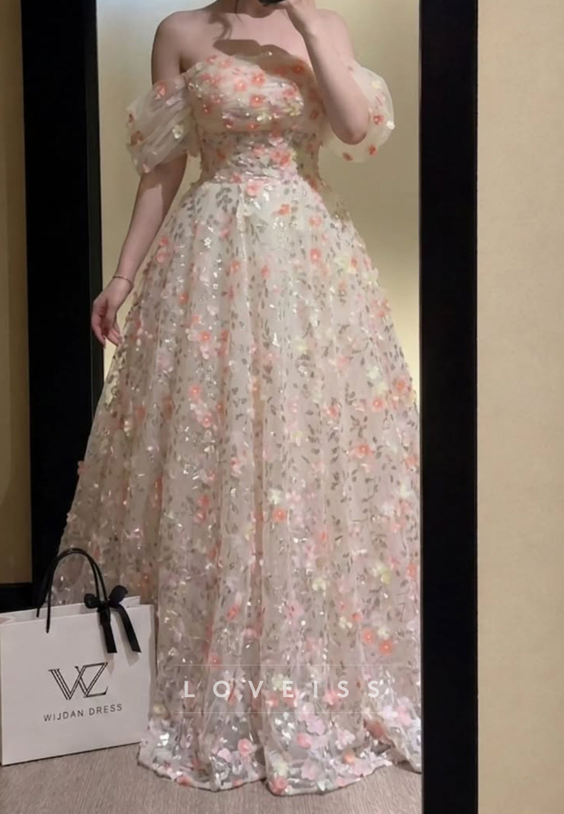 3D Floral Off-the-Shoulder A-Line Gown