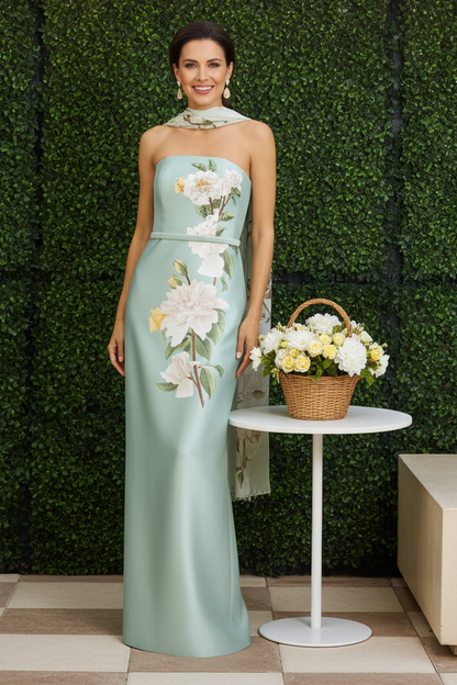 Strapless Floral Column Gown with Matching Shawl