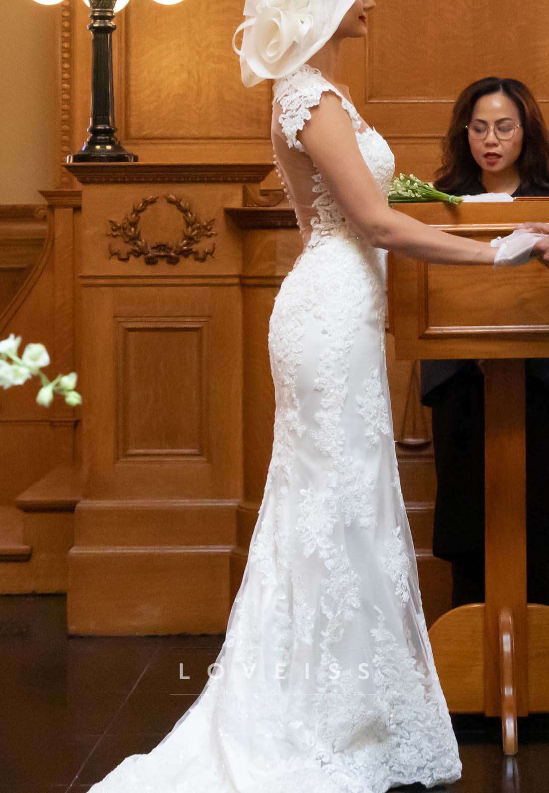 Lace Applique Mermaid Wedding Dress with Sheer Back