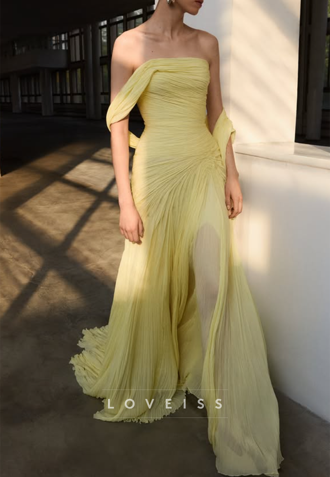 Off-Shoulder Draped Chiffon Gown with High Slit