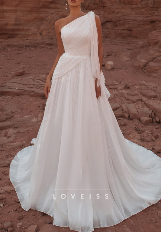 One-Shoulder Pleated Chiffon A-Line Wedding Dress