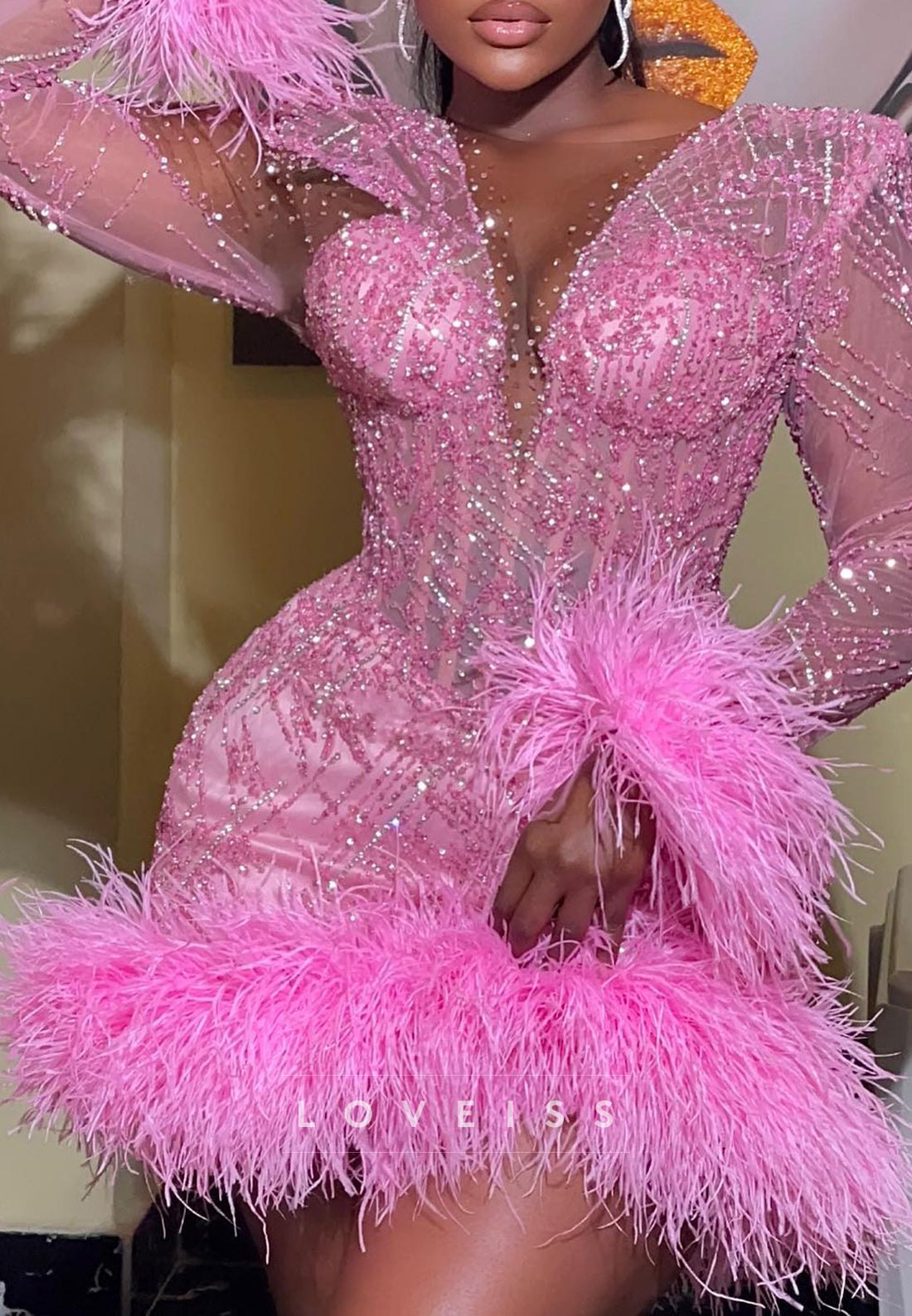 Beaded Corset Mini Dress with Feather Hem & Cuffs